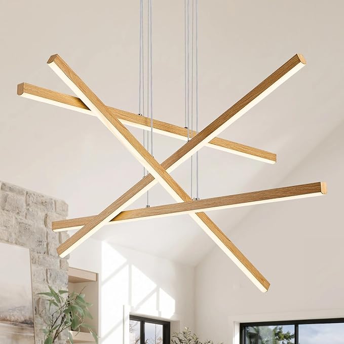Linear Pendant Light Mdoern LED Chandelier 32" Boho Oak Wood Painted Ceiling