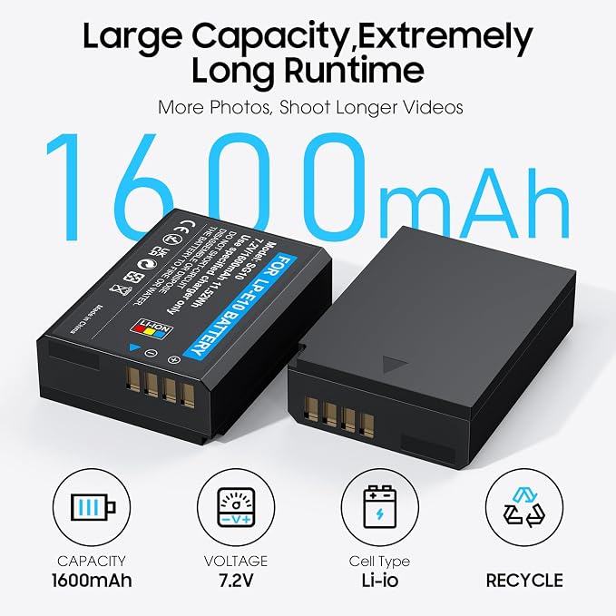 LP-E10 Battery 2-Pack 1600mAh and Digital Display Dual USB Charger