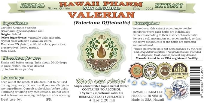 Valerian Alcohol-Free Liquid Extract, Organic Valerian (Valeriana Officinalis) Dried Root Glycerite Natural Herbal Supplement, Hawaii Pharm, USA 32 fl.oz