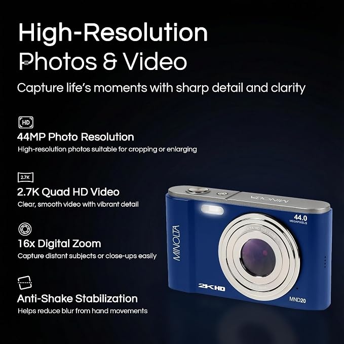 Minolta MND20 44MP Digital Camera – 2.7K Ultra HD Video, 16X Digital Zoom