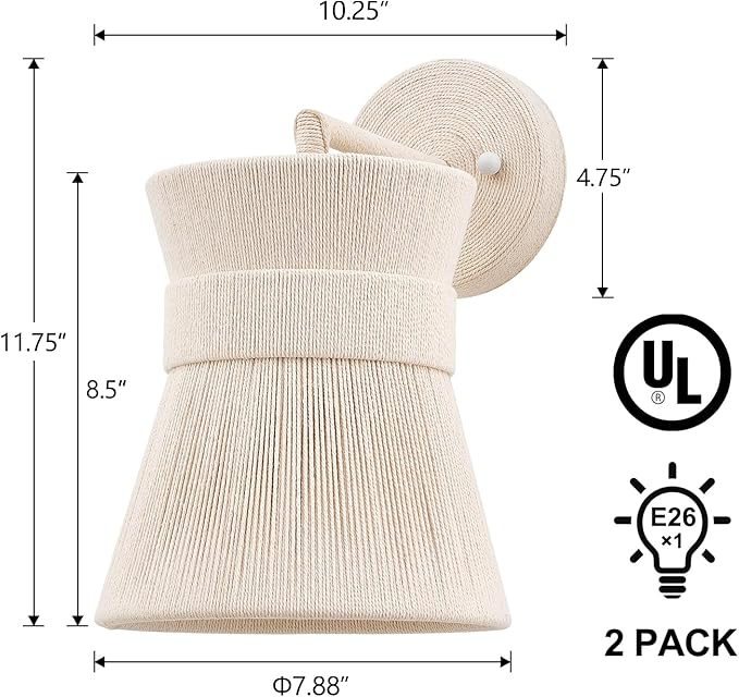 Set of Two Hand Woven Wall Sconces Boho Wall Lamp White Coastal Wall Lights for Bedside Hallway Vanity Stairway Fireplace Living Room, UL Listed