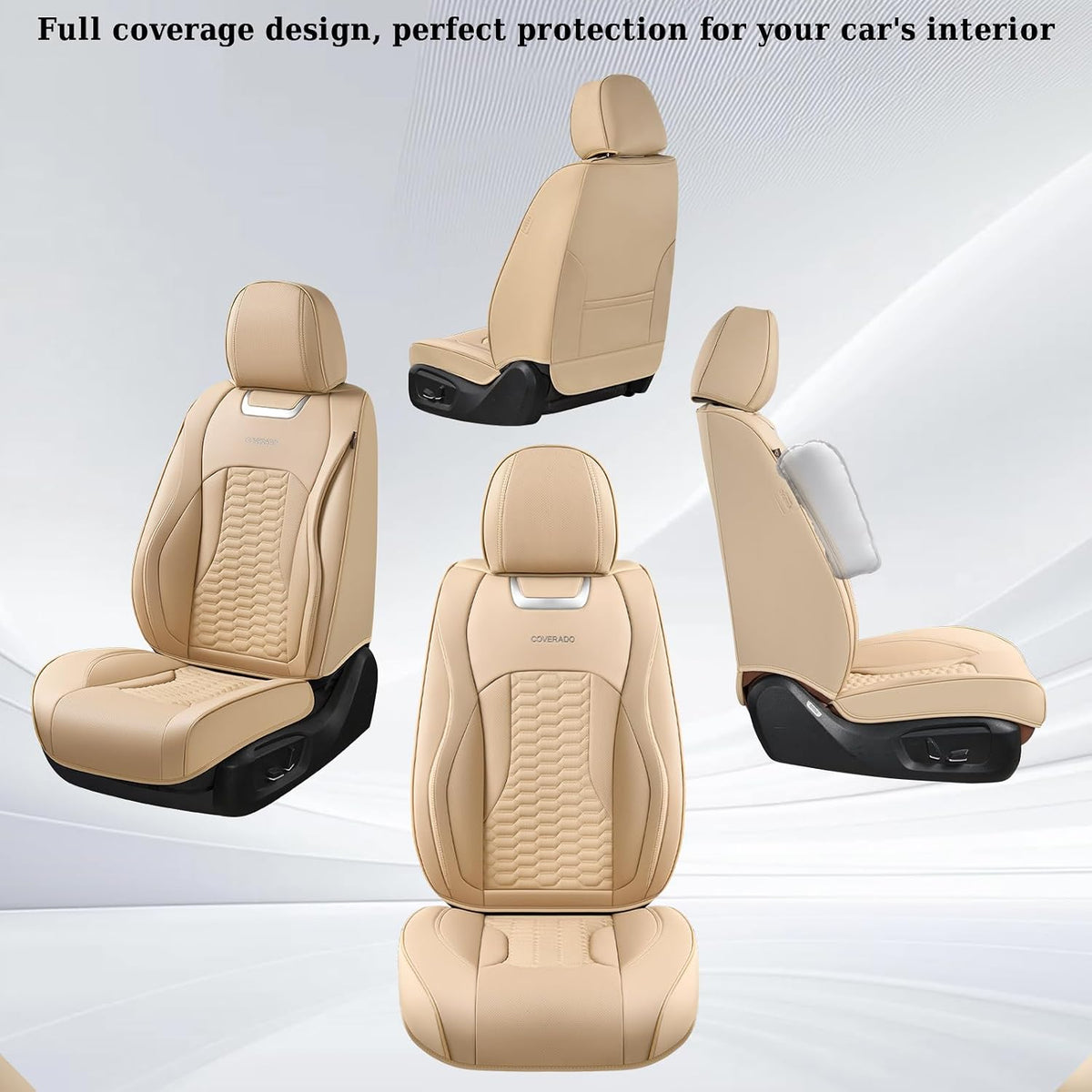 Coverado Car Seat Covers Front Seats, Luxury Leather Seat Covers for Cars, Automotive Car Seat Covers Protector Universal Fit Most Sedans, SUVs, Pick-up Trucks Interior Accessories(Beige)