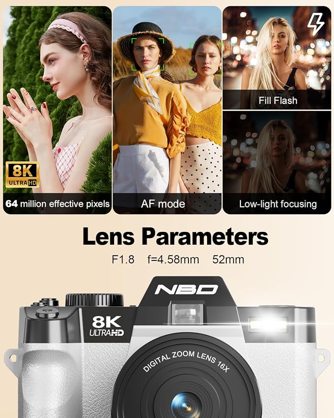 NBD 8K Digital Cameras for Photography, 64MP Camara Fotograficas, Travel