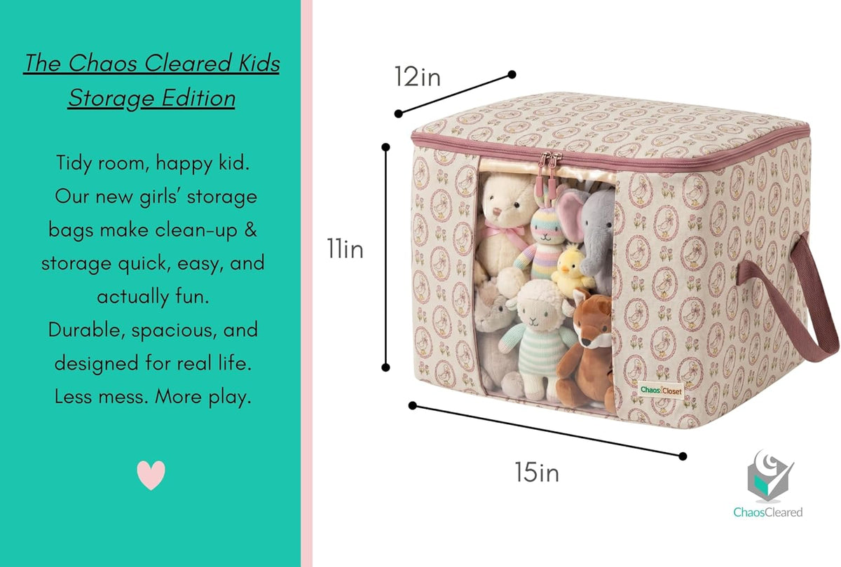 Chaos Cleared Kids Storage Bags – 100% Cotton Canvas Toy & Clothes Organizer with Cute Design – Storage Bin for Stuffed Animals, Baby Items & Clothes with Zipper & Handles (Pink Duck Print)
