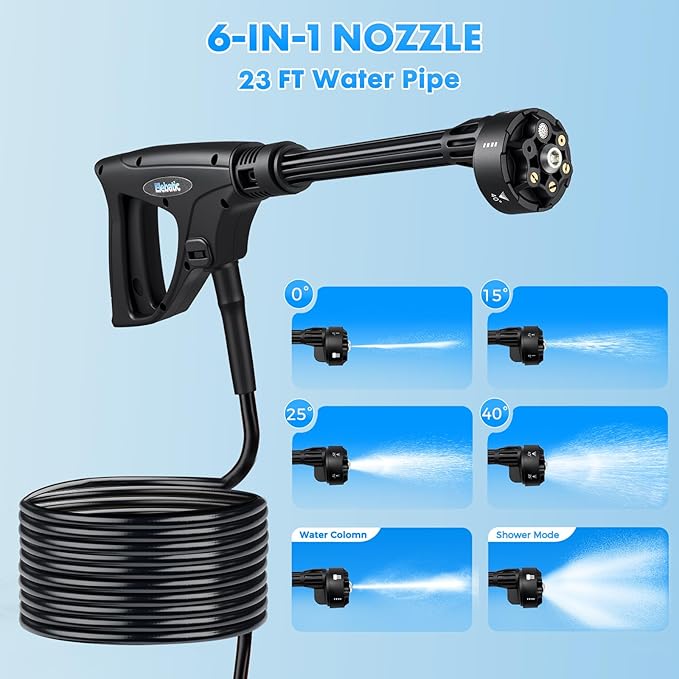 Portable Pressure Washer Cordless Battery Powered, 6-in-1 Nozzle Water Pressure Washer with 7 Adjustable Pressure Levels Max 1200 PSI, Electric Pressure Washer with 3.4 Gallon Tank