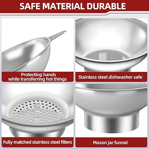 Serinar Stainless Steel Metal Canning Funnel with Removable Strainer - for Jams, Pickles and Home Preserving, Dishwasher Safe Kitchen Tool (2.78 Inch Wide Mouth Bore for Wide Mouth Mason Jars)