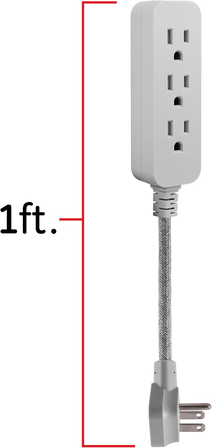 GE 3-Outlet Power Strip Mini Extension Cord with Multiple Outlets 5 Inch Braided Short Cord Extension Cord Grounded Flat Plug Extension Cord ETL Listed Gray 53199