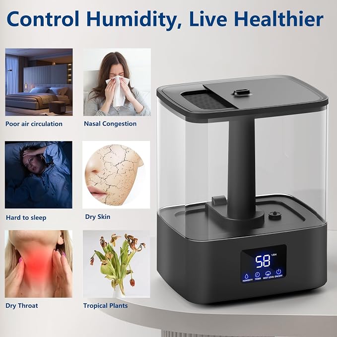 KZF 4L Top Fill Humidifiers for Bedroom & 60H Runtime - Cool Mist Humidifier, 3 Mist Levels, 8H Timer, Essential Oil Tray, Humidity Display, Quiet for Bedroom, Baby, Plants, Large Room (Black, 4L)