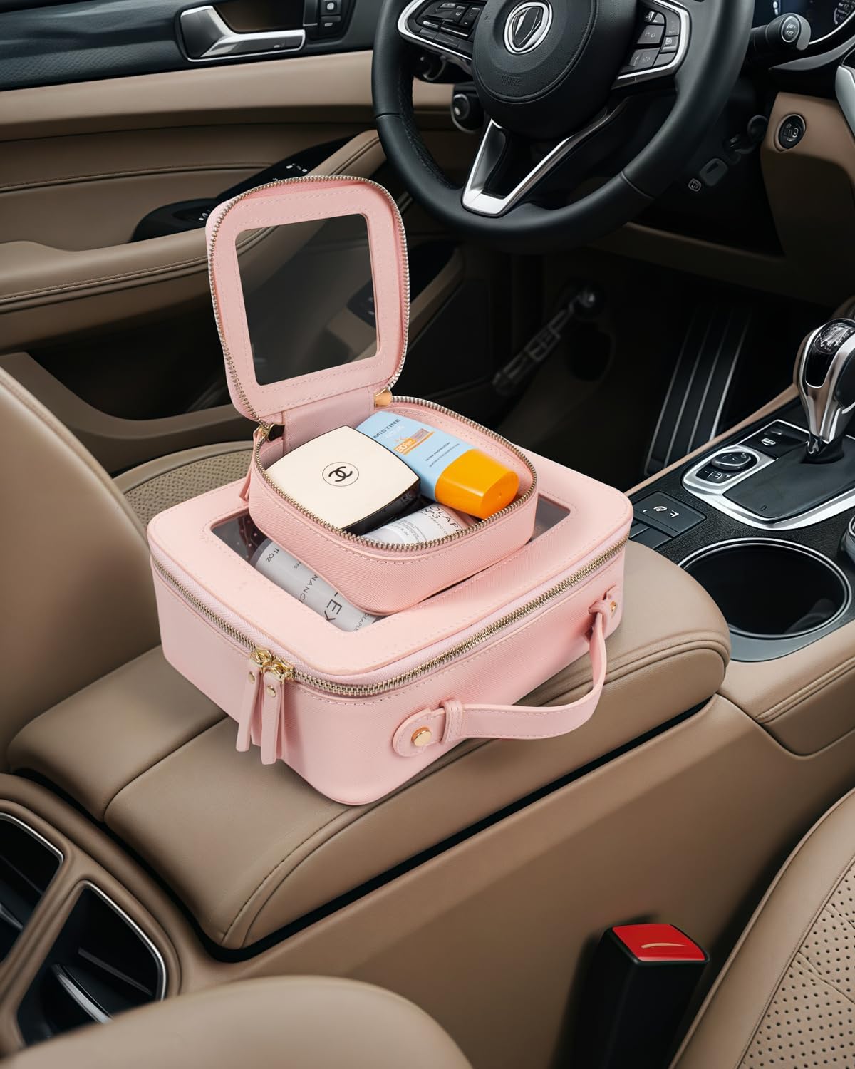 LETGO Clear Makeup Bag Mahjong Tile Bag with Zipper and Handle| Structured Large Travel Makeup Bag for Toiletries for Women,Travel Cosmetic Case,Waterproof PU Leather,Wide Opening