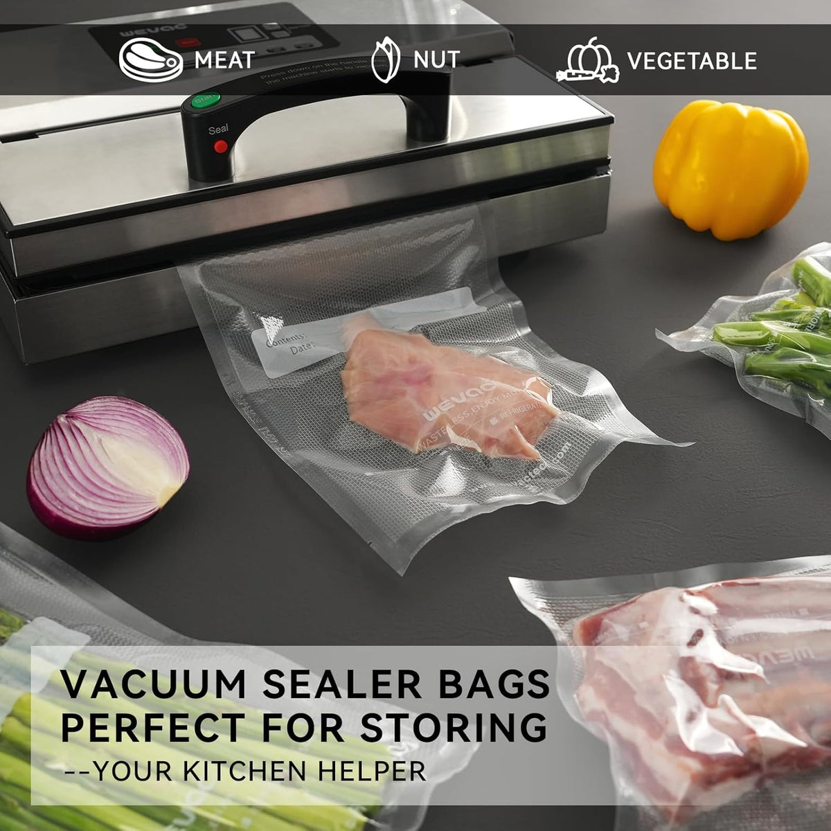 Wevac Vacuum Sealer Bags - Heavy Duty 8" x 12" Precut, 200 Count with Liquid Block & Bone Guard