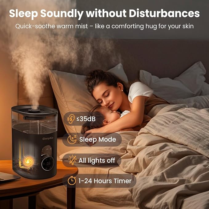 Warm & Cool Mist Humidifier - GloryAir Black 6L Quiet Top Fill Humidifiers for Bedroom Large Room with Smart Humidity Control, Remote Control, 7-Color Light, Humidistat, Oil Diffuser for Baby & Plants