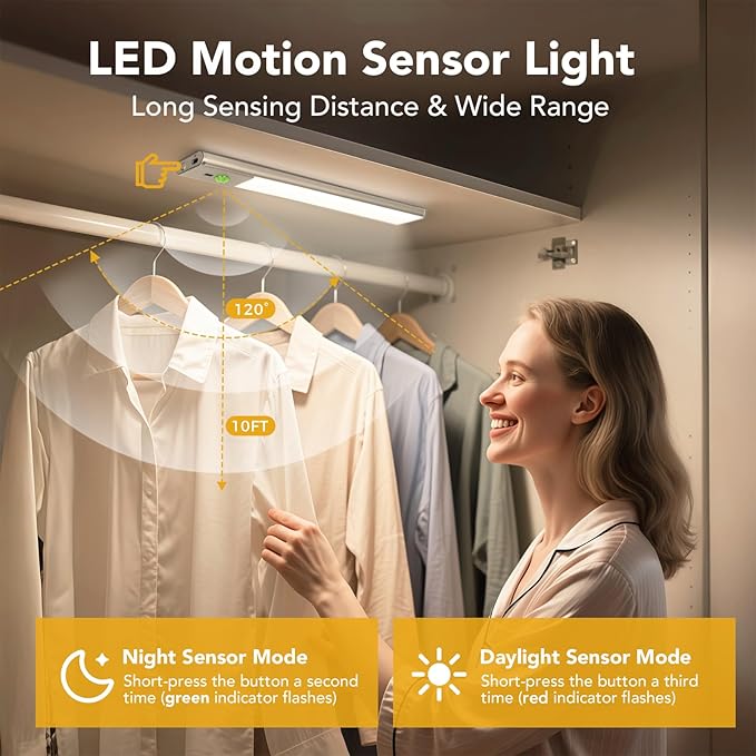 Under Cabinet Lighting with Hand Wave, 78 LED Motion Sensor Light, Rechargeable Closet Lights with 3 Color Temps, 11.8 Inch Dimming Magnetic Strip Night Lights for Kitchen, Wardrobe, Stairs (2 Pack)