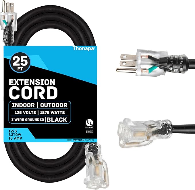 THONAPA 12 Gauge Extension Cord 25 Ft, SJTOW Oil Resistant & Flame Retardant Heavy Duty Extension Cord Black 3 Prong 25ft, 12/3 Black Outdoor Electric Cable Great for Major Appliance, Farm & Ranch