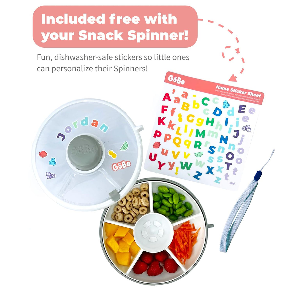 GoBe Kids Small Snack Spinner Flip Bundle with Hand Strap and Sticker Sheet - Reusable Snack Container with 5 Compartment Dispenser and Lid | BPA/PVC Free | Dishwasher Safe | No Spill - Coral Pink
