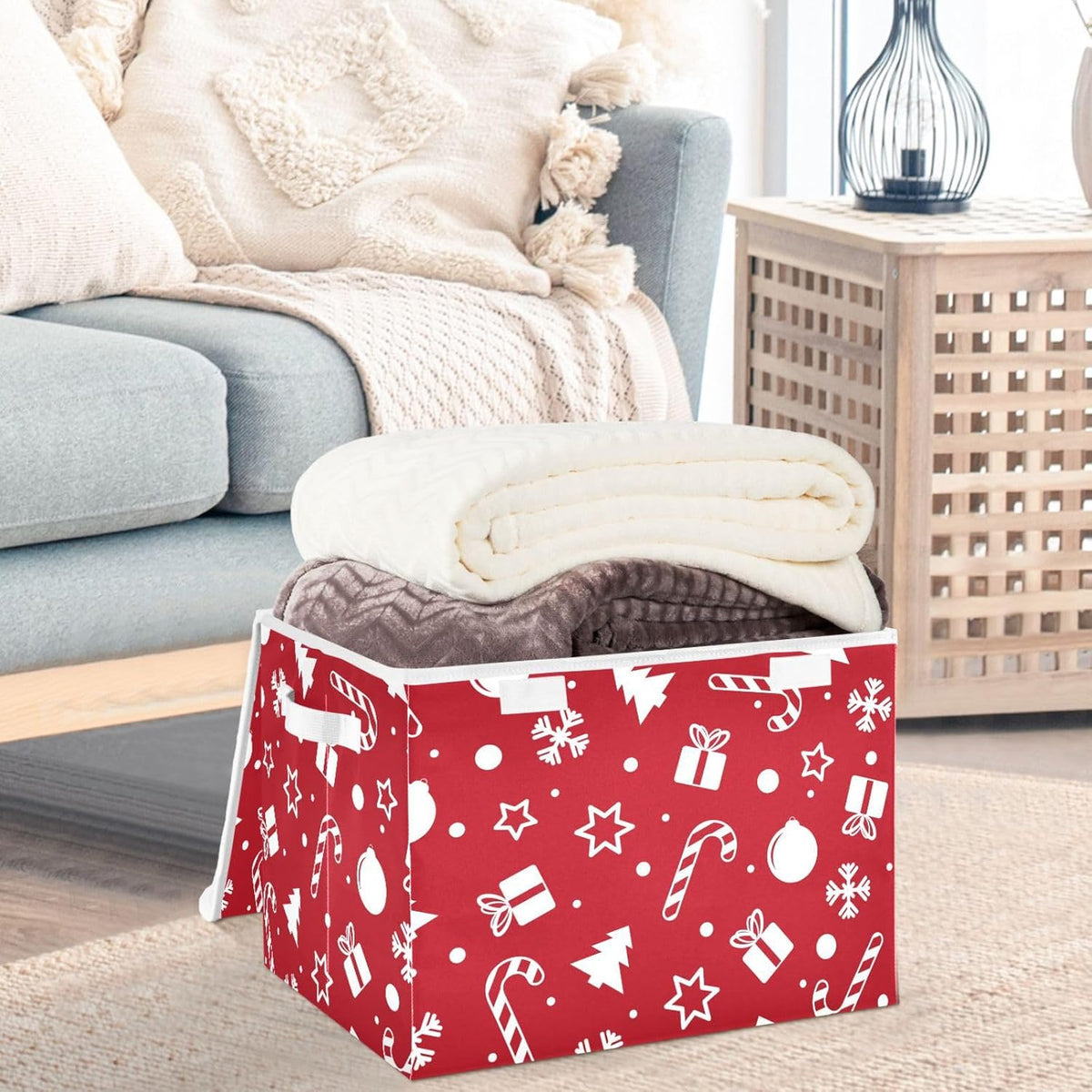 CaTaKu Large Fabric Storage Bins With Lids, Red Christmas Tree Storage Boxes With Handles for Organizing Clothes, Collapsible Storage Cube Bins Baskets for Shelves