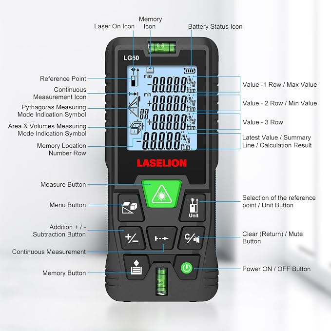 LASELION Laser Measurement Tool, 165ft Green-Beam Laser Measure Device Portable