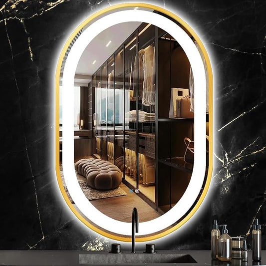 24 x 40 Inch Gold Oval LED Vanity Mirror with Lights Smart Memory 3 Color Dimmable Anti-Fog 40" Gold Framed Oval Lighted Mirror for Bathroom Salon Wall LED Ovals Mirror with Lights Frame