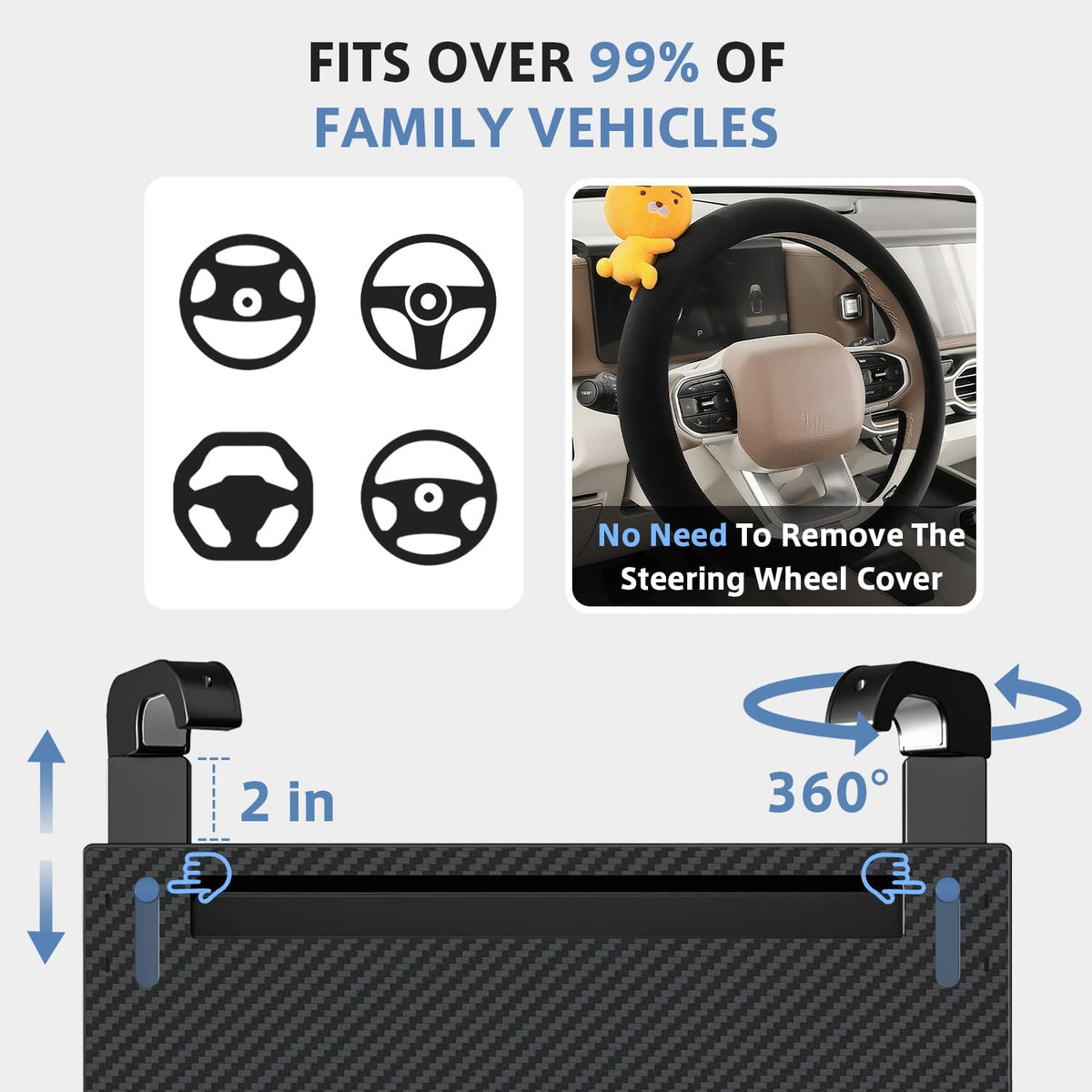 Steering Wheel Tray, Car Food Tray, Car Desk for Laptop, Carbon Fiber Look Multipurpose Car Table for Eating & Work, Adjustable Car Tray with Drawer and Anti-Slip Protective Adhesive