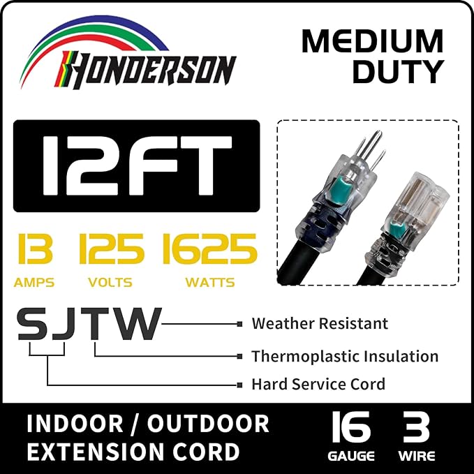 Indoor Outdoor Extension Cord Weatherproof with Lighted End, UL Certified, 16 Gauge 12FT Black 3 Prong Heavy Duty, 16/3 SJTW 13A Power Cord for Outdoor Lights, Lawn