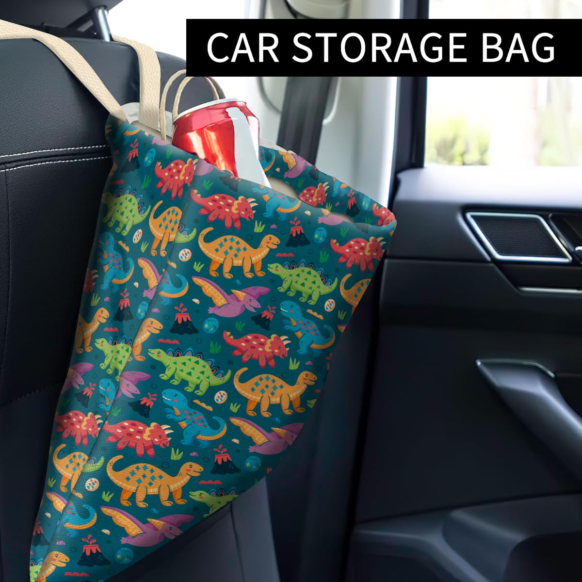 Car Trash Can, Cute Car Trash Bag, Hanging Car Organizer and Storage Bag, Trash Bin for Car Accessories, Vehicle, Travelling, Camping Colorful Dinosaur Volcano