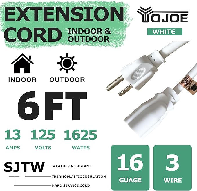 YOJOE Indoor Outdoor Extension Cord, 3 Prong 13A Weatherproof Power Cord, 16 Gauge Heavy Duty 6 ft White Extension Cord for Garage, Garden and Home, 16/3 SJTW UL Listed