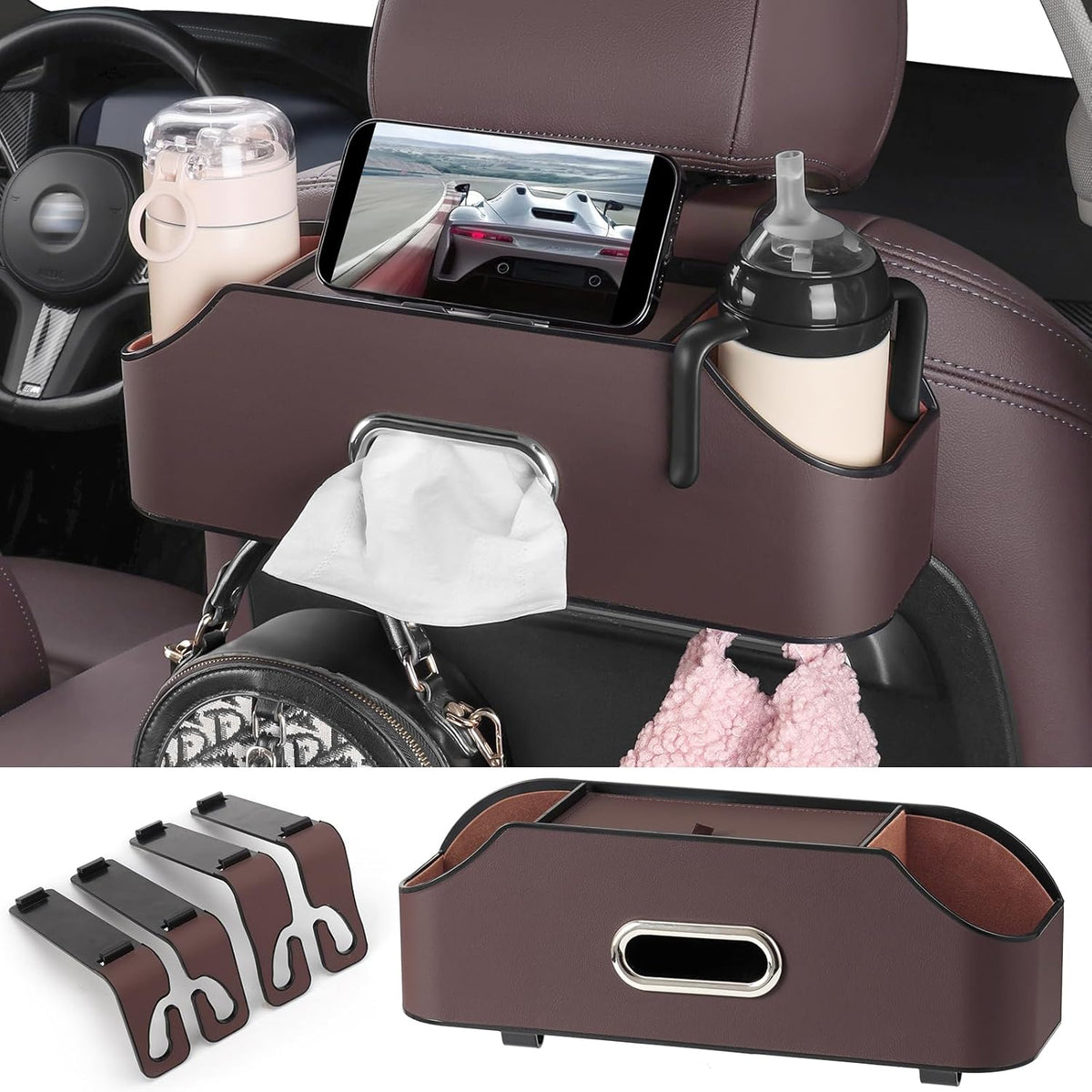 Car Rear Backseat Extra Multifunctional Drink Cup Holder Organizers with Tissue Storage Box Organizer & Hooks for Car Seat Back (Gray)