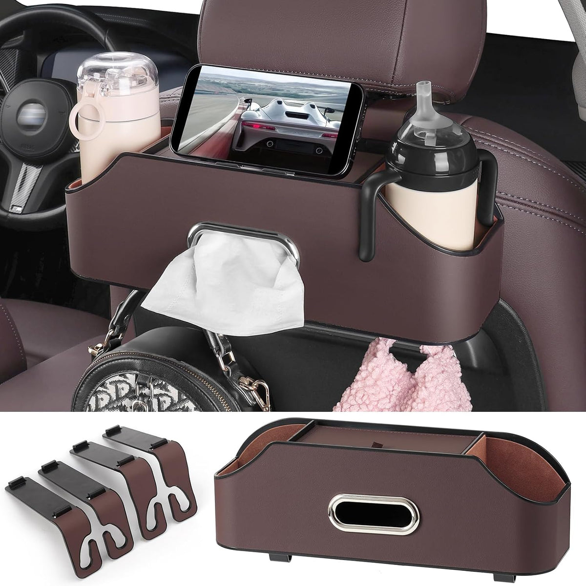 Car Seat Back Cup Holder, 4-in-1 Multifunctional Backseat Organizer with Tissue Box Storage & Hooks (Orange)