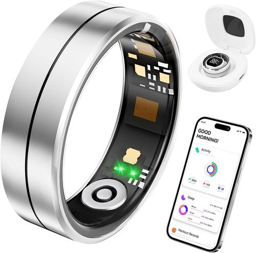 Fvtga Smart Health Ring - Fitness Tracker with Heart Rate & Sleep Monitoring | IP68 Waterproof, Silver, Size 8