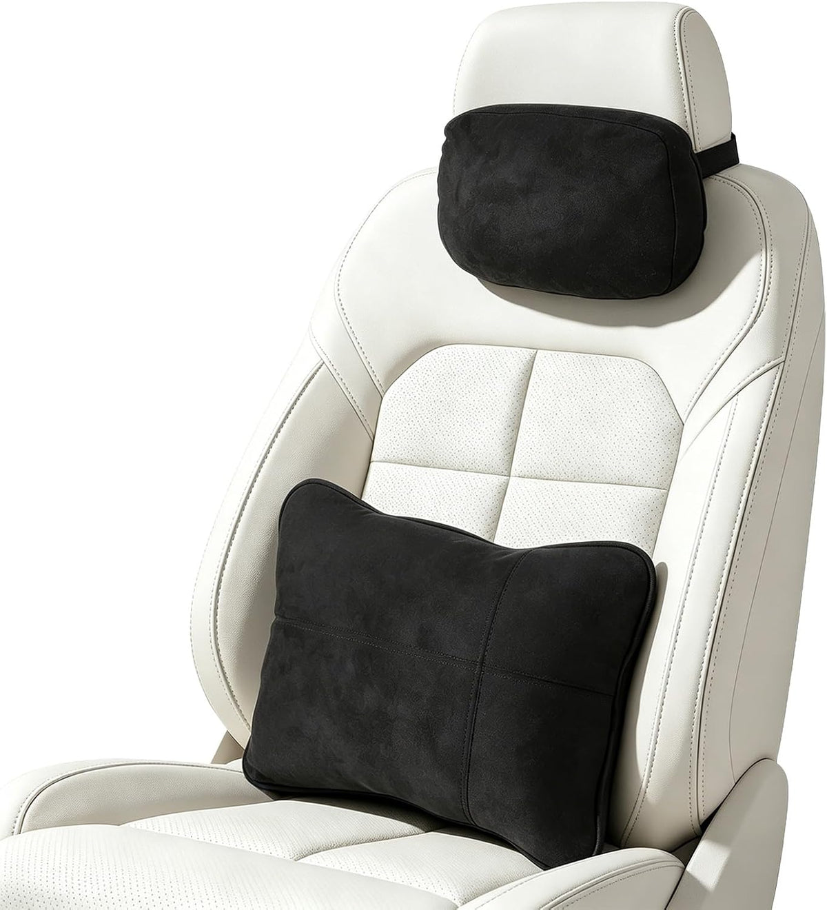2 PCS Car Pillow Set, Soft Suede Car Neck Support Pillow and Back Cushion, Soft Ergonomic Headrest Lumbar Cushion with 2-Way Straps for Pressure Comfort, Driving Seat, Office
