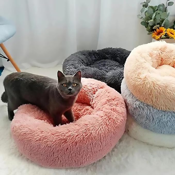 Calming Dog Bed for Small Dogs, Calming Donut Cuddler Pet Bed Anti Anxiety Round Dog Bed Fluffy Plush Faux Fur Cat Bed,Black+White,19.7IN