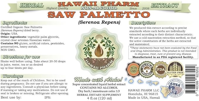 Saw Palmetto Alcohol-Free Liquid Extract, Organic Saw Palmetto (Serenoa Repens) Dried Berry Glycerite Natural Herbal Supplement, Hawaii Pharm, USA 2x32 fl.oz
