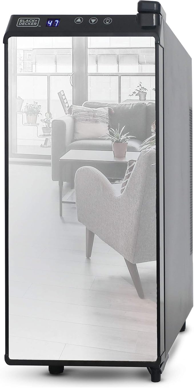 BLACK+DECKER 12-Bottle Thermoelectric Wine Chiller, BD60336, Mirrored Door | Thermoelectric Wine Cooler with Temperature Control, 12 Bottle Fridge for Reds, Whites and More, LED Display, Chrome Racks