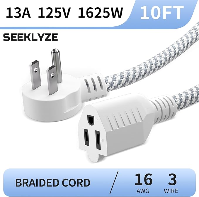16 Gauge Braided Extension Cord 10 FT, 16/3 Flat Plug Power Cord Indoor, 3 Prong White Extension Cable Flexible for Home Dorm Room Essentials, 13A 125V 1625W, ETL Listed