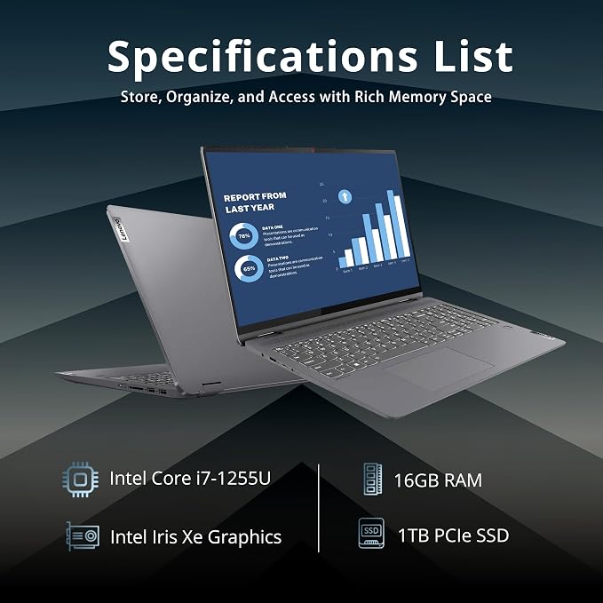 Lenovo IdeaPad Flex 5 16"" 2-in-1 2.5K IPS Touchscreen Laptop, Intel Core i7-1255U, 16GB RAM, 1TB SSD, Backlit Keyboard, Fingerprint Reader, Win 11 Pro, Storm Grey, 32GB Hotface USB Card, Gray