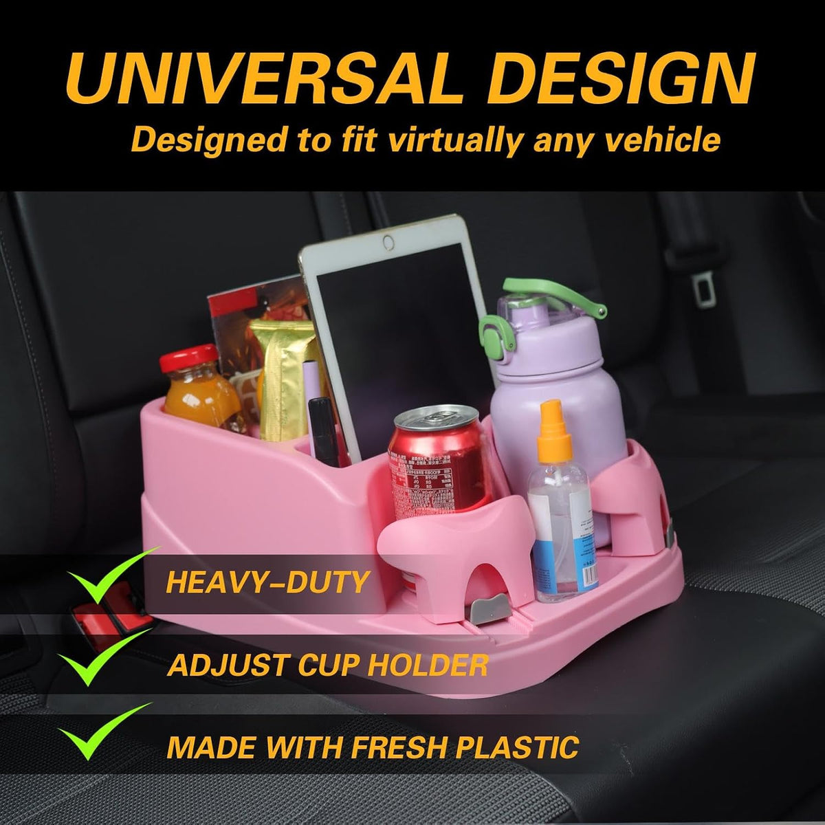 Large Size Plastic Console for Cars, Trucks, Minivans, SUVs with 2 Adjustable Drink Cup Holders Pad Book Holder, Back Bench and Front Seat or Floor Middle Console Universal Vehicle Organizer Pink
