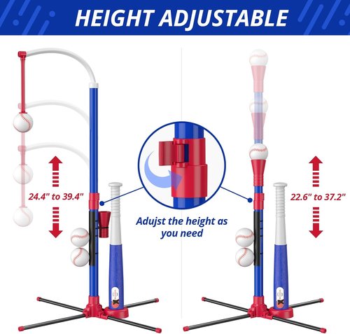 HYES 3-in-1 Baseball Set for Kids 3-5 | Adjustable Tee Ball Stand & Ball Launcher - Blue