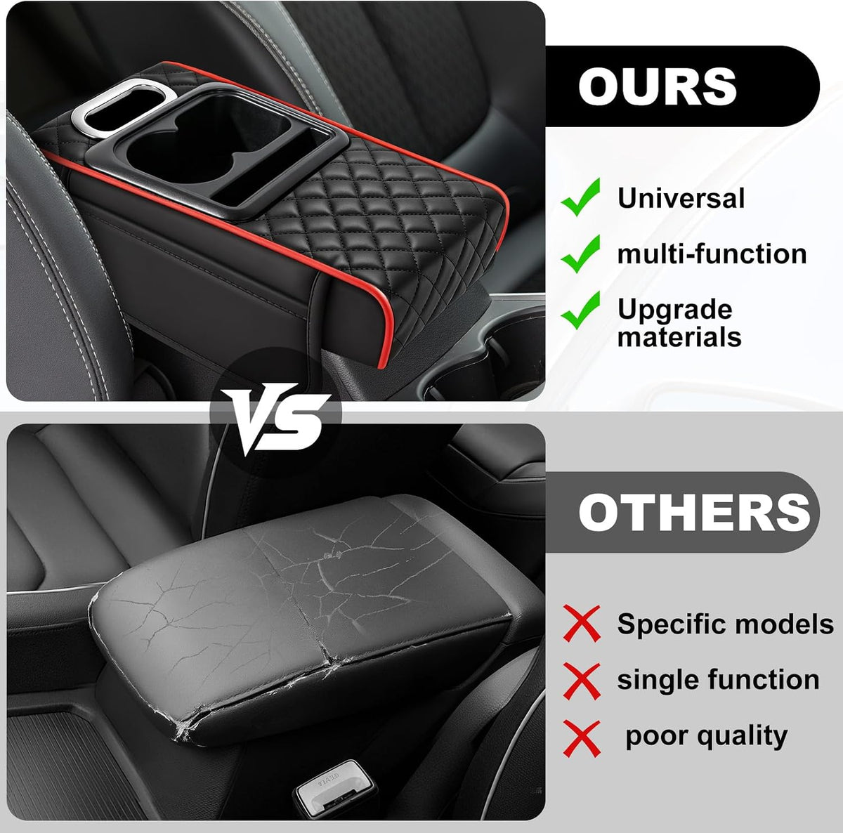 Car Armrest Cushion,5-in-1 Center Console Cover with 2 Storage Bags Cup Holder, Phone Slot for Sedans, Tissue Box Slot, Car Accessories Interior Organizers (Black) (Black-B)