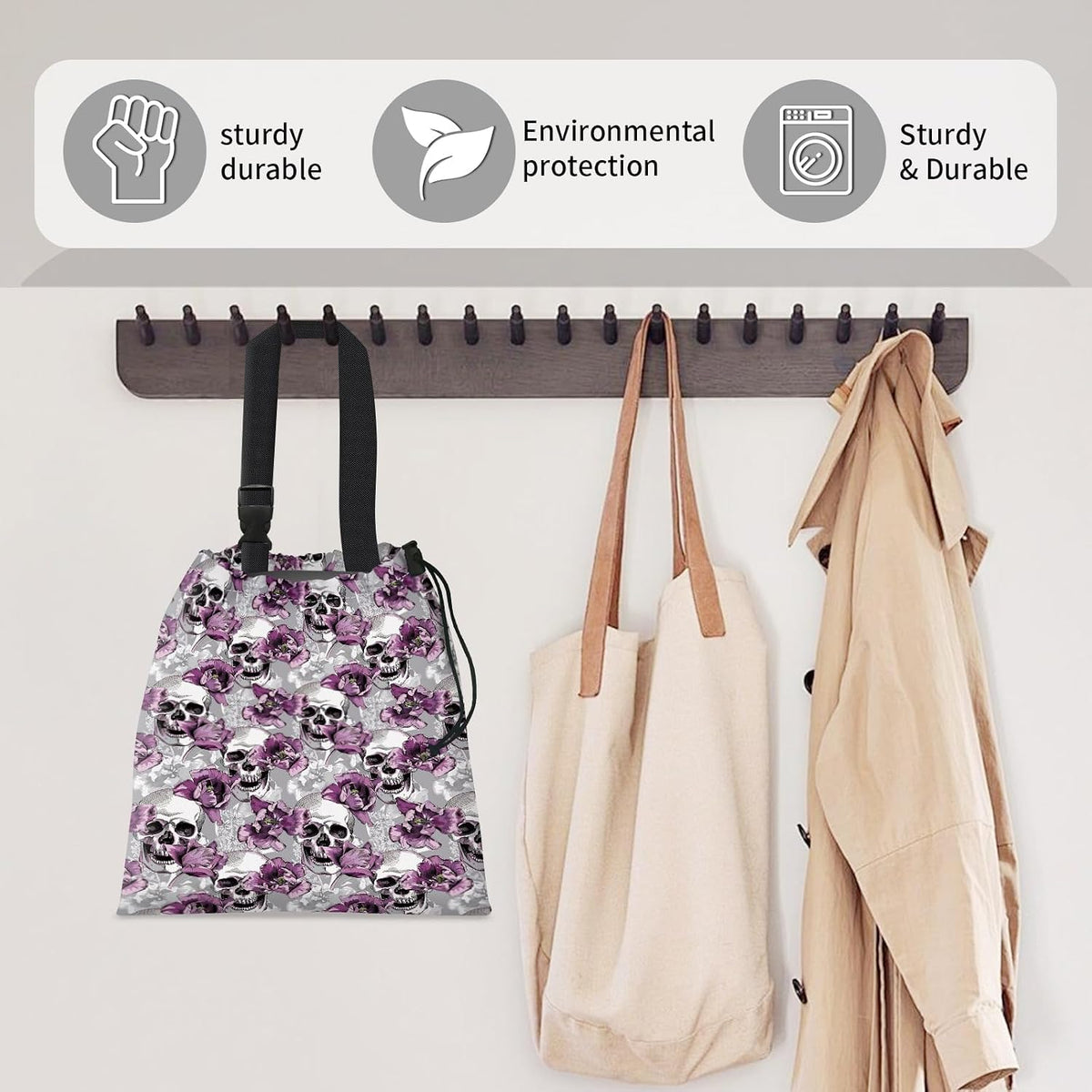 Car Trash Bag Large Hanging Can for Back of Seat, Cute Waterproof Car Garbage Bag for Vehicle, Travelling, Outdoor Purple Flower Skull