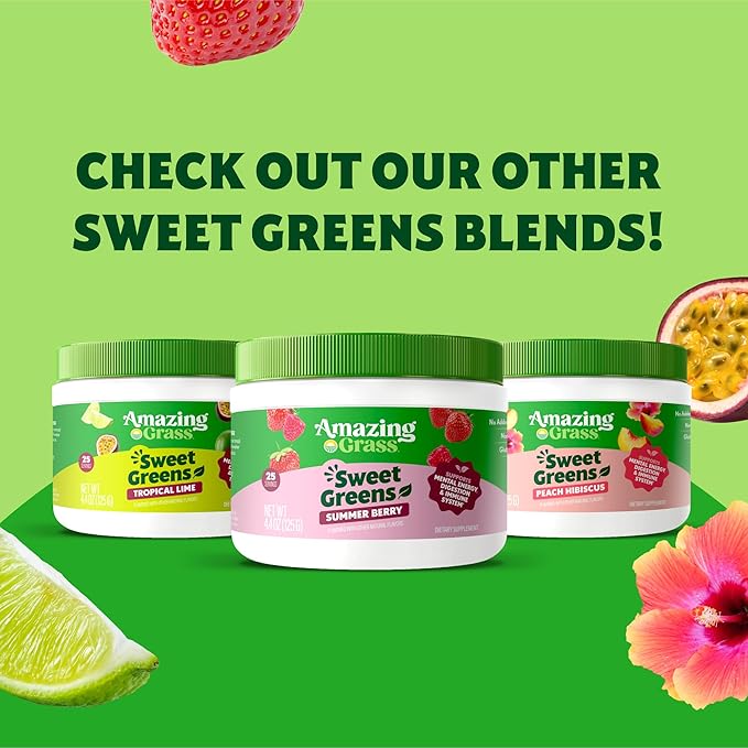 Amazing Grass Sweet Greens and Superfoods Powder for Digestive Health, Greens Powder, Digestive Enzymes, Probiotics, Spirulina, Chlorella, Tropical Lime, 30 Servings