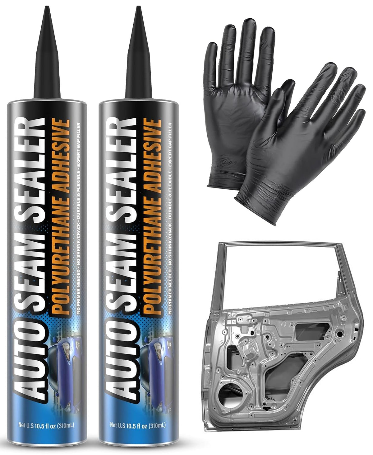 [2 Pack] Professional Automotive Seam Sealer, Paintable Quick-Set Polyurethane Auto Body Seam Sealer for Metal Surfaces of Cars, Trucks, Etc, Includes Gloves & Tip - White RV Roof Sealant