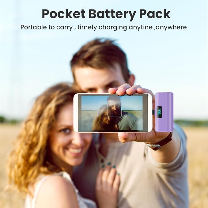 [2-Pack]Small Portable Charger 5200mAh, Upgraded PD USB C Power Bank Built-in USB-C Connector,LCD Display Battery Pack Compatible with iPhone 15/15 Plus/15 Pro/15 Pro Max/Samsung Android(Pink+Purple)