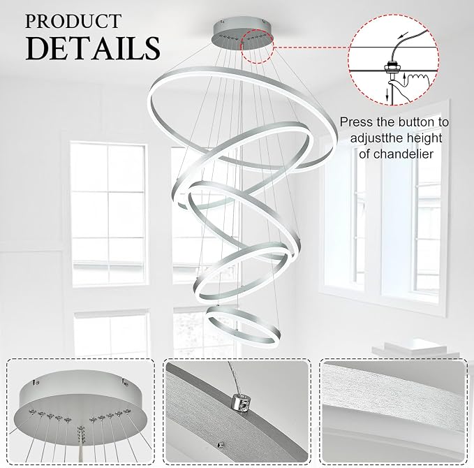 5-Rings D31.5in Modern LED Chandelier Silver Dimmable High Ceiling Chandeliers