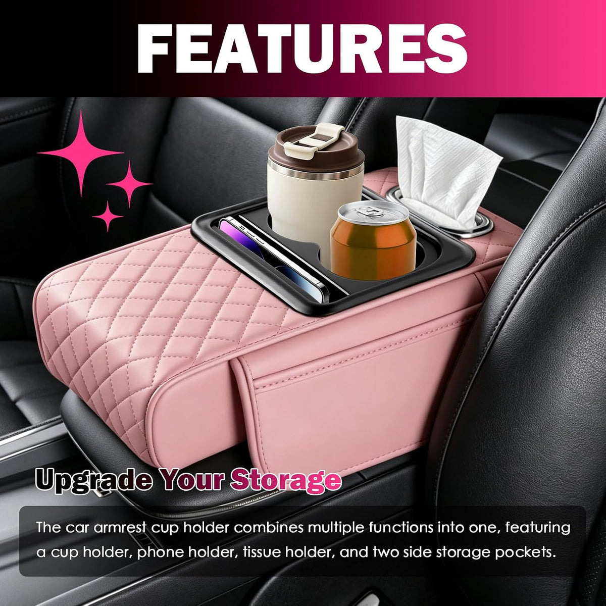 5 in1 Car Armrest Storage Box,Multifunctional Leather Car Armrest Box Pad for Elbow Support,Comfortable Center Console Cover with Cup Holder & Phone Holder & Side Storage Bag (Pink)