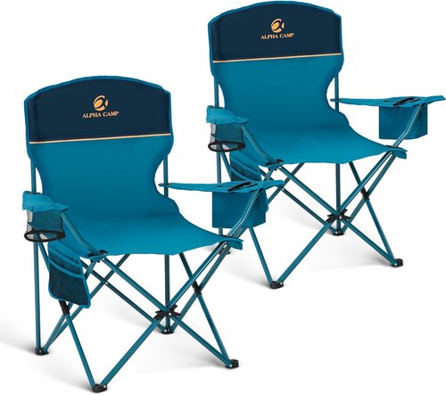 LET'S CAMP Folding Camping Chair Set - Portable 2 Pack with Cooler Bag & Cup Holder | Supports 350LBS, Blue