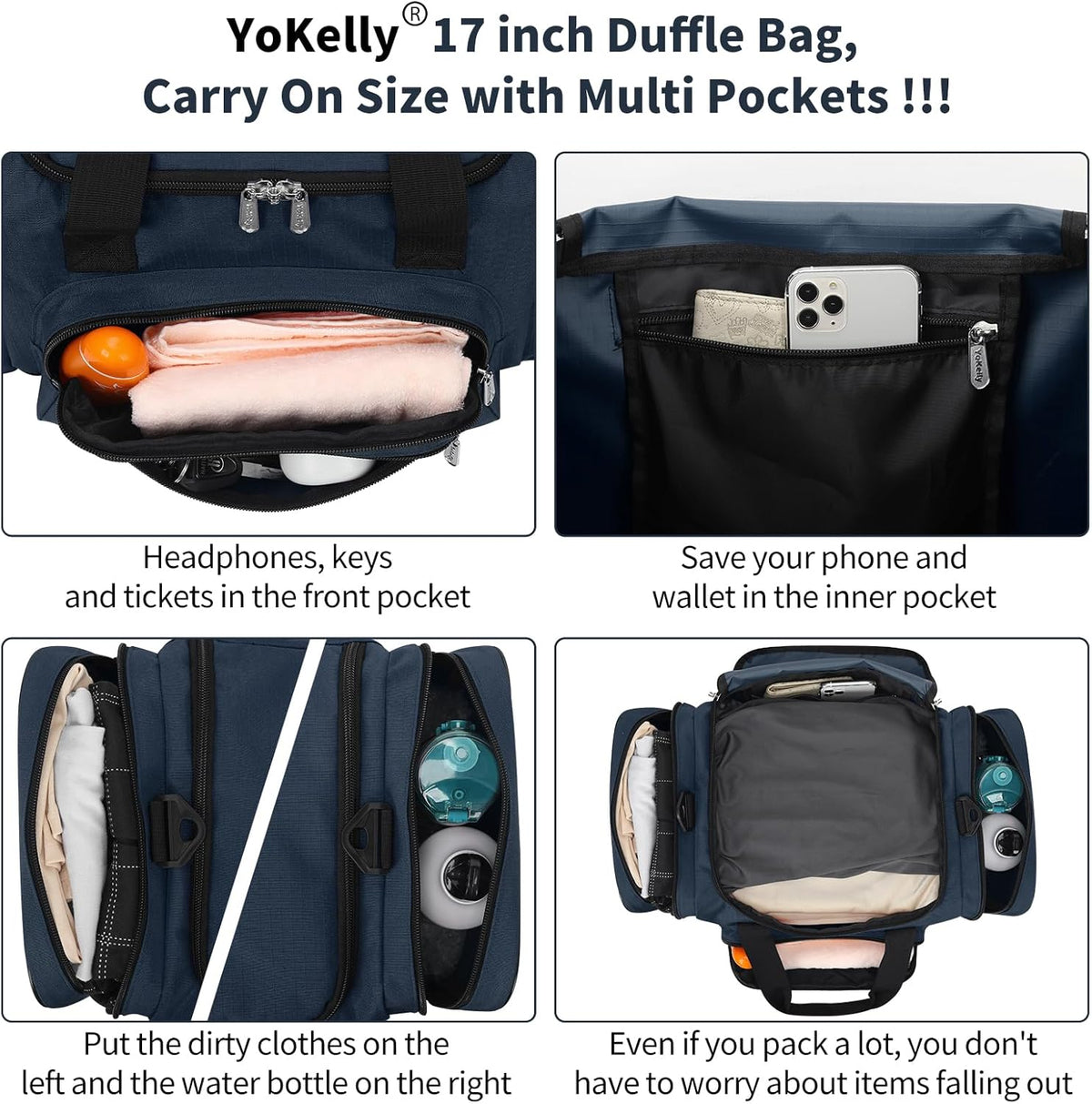 Skiennix Small Duffel Bag - 17-Inch Carry-On Weekender for Travel & Gym - Navy Color (17x10x9 in)
