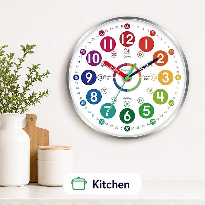 Roymnie Wall Clock Teaching Time Wall Clocks Battery Operated Silent Non Ticking