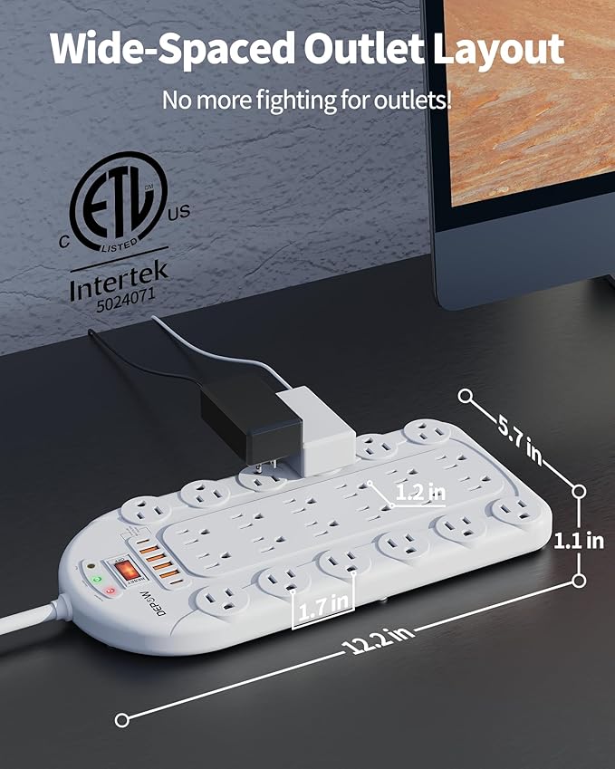 Power Strip Surge Protector (3,400 Joules), DEPOW 24 AC Multiple Outlets (1875W/15A) with 6 USBs (2 USB-C Ports), 8 Ft Long Heavy Duty Extension Cord, Flat Plug, Wall Mount for Home, Office, White