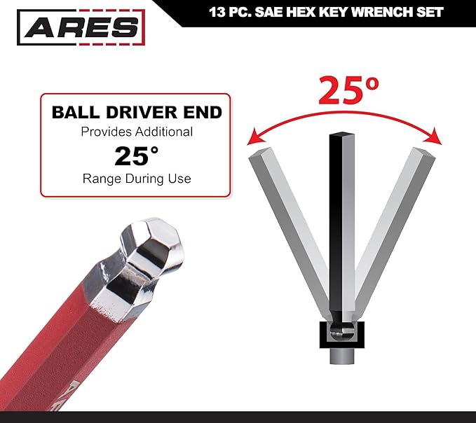 ARES 70164-13-Piece SAE Long Arm Ball End Hex Key Wrench Set - Chrome Finish with Red High Visibility Anti-Slip Coating - Convenient Storage Case Included