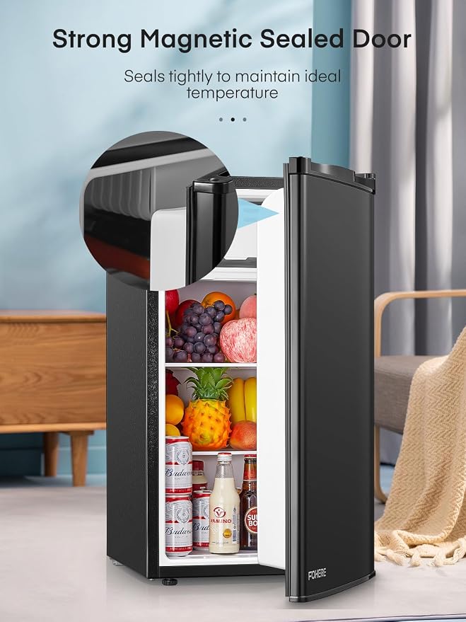 3.2 Cu. Ft Mini Fridge with Freezer, FOHERE Small Fridge with 7 Level Temperature Control, Removable Glass Shelves for Bedroom, Office, Dorm