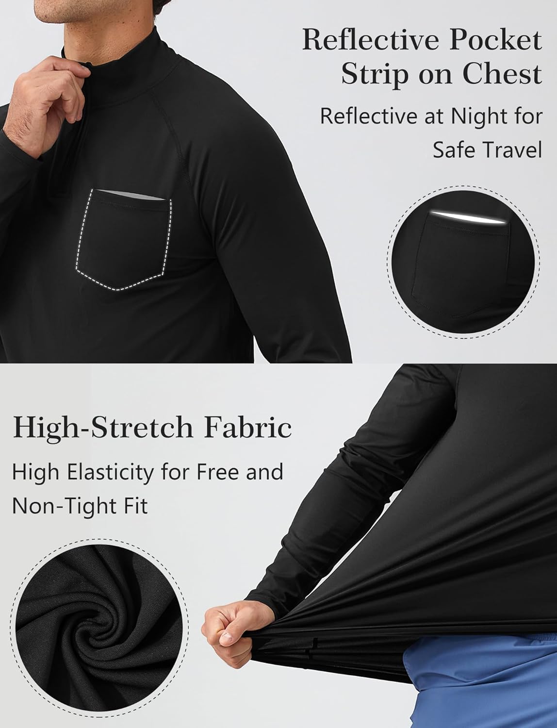 SEAUR Men's Long Sleeve Athletic Shirt - 1/4 Zip Pullover Rash Guard for Running & Fishing - Size S, Black